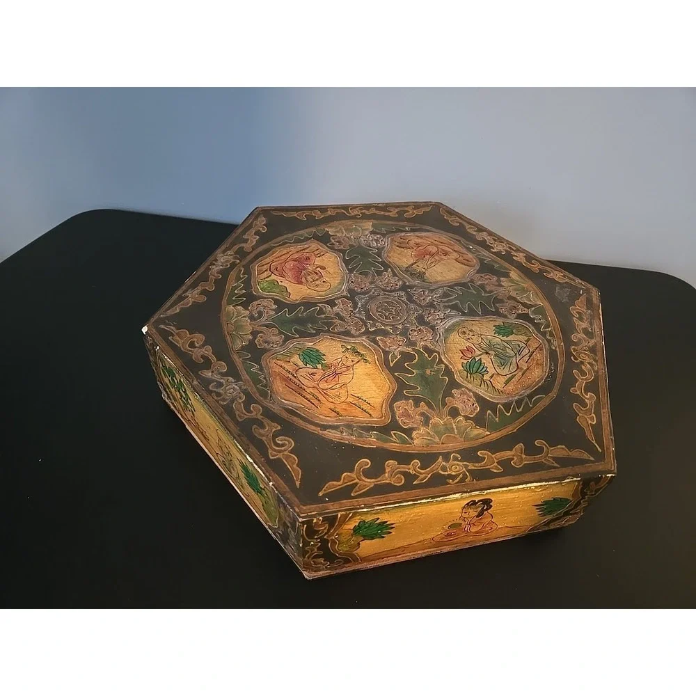 Antique Large Hexagonal Wooden Box Asian Hand Painted 6 Inside Compartments Rare